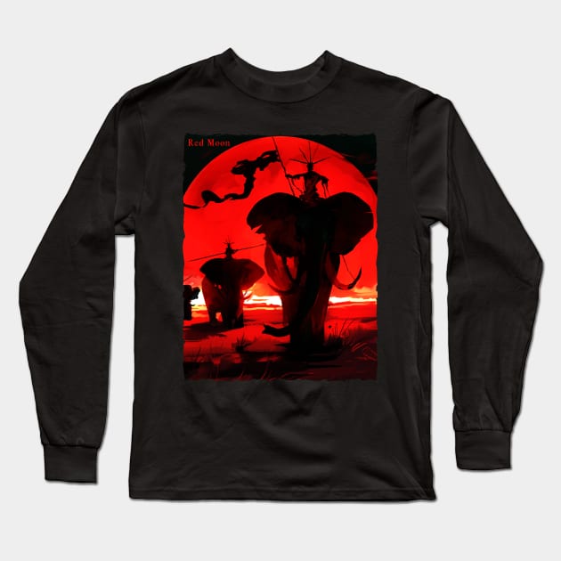 Elephant Under the Red Moon Long Sleeve T-Shirt by lounesartdessin